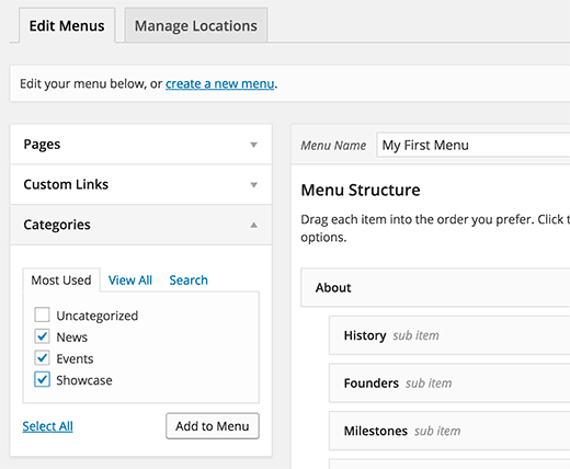 Adding categories to custom navigation menu in WordPress
