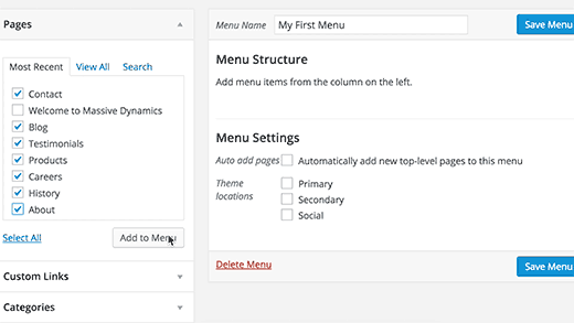 Selecting and adding items to custom navigation menu in WordPress
